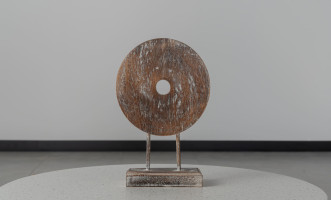 Decorationrative Wooden Disc On Stand With Flower Motif
