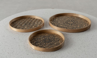 Set of 3 bamboo tray with painted black decoration