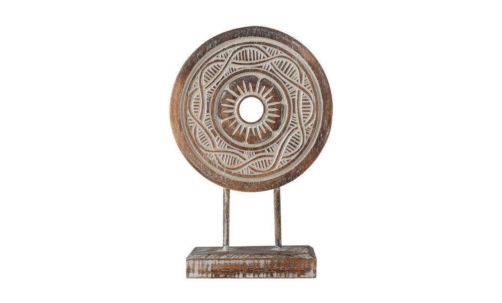 Decorationrative Wooden Disc On Stand With Flower Motif