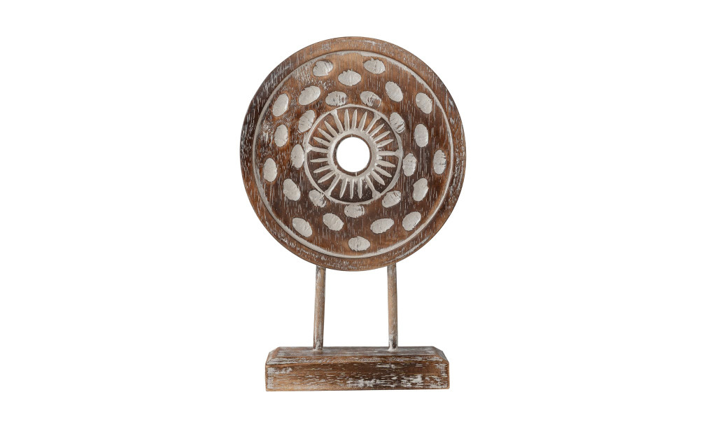 Decorationrative Wooden Disc On Stand With Flower And Dot Motif