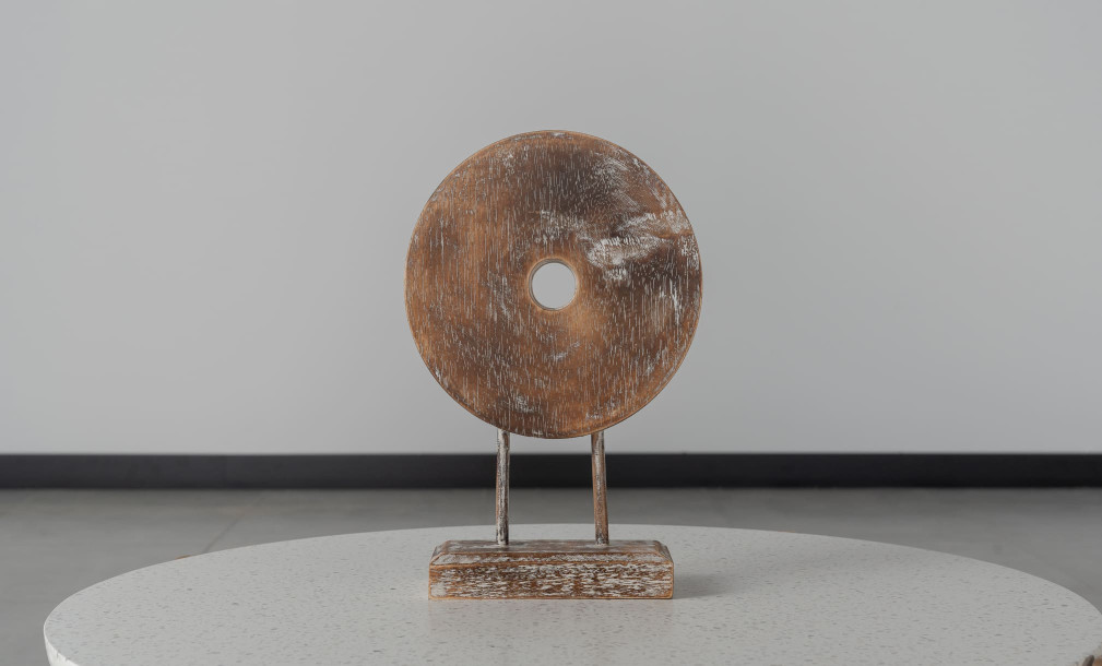Decorationrative Wooden Disc On Stand With Flower And Dot Motif