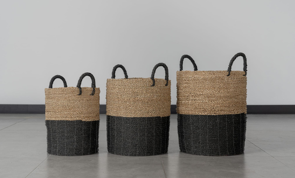 Seagrass Set Of Three Baskets With Handle Black