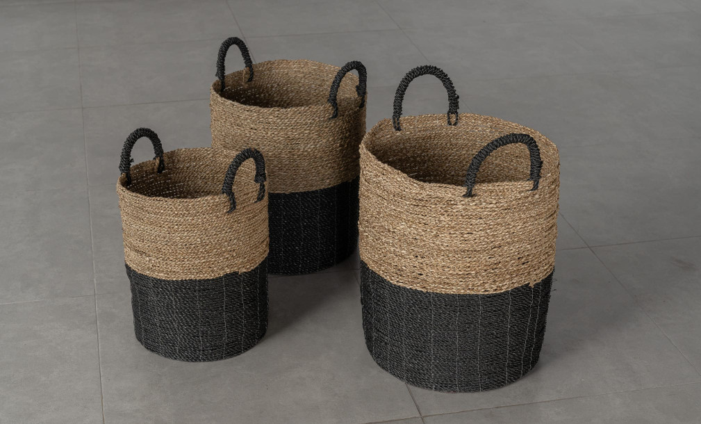 Seagrass Set Of Three Baskets With Handle Black