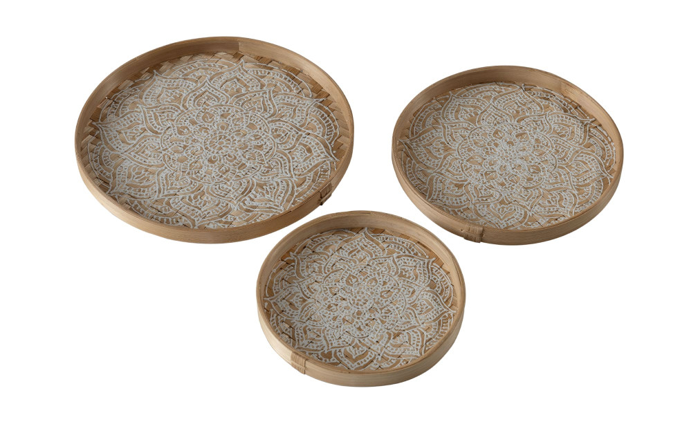 Set of 3 bamboo tray with painted white decoration