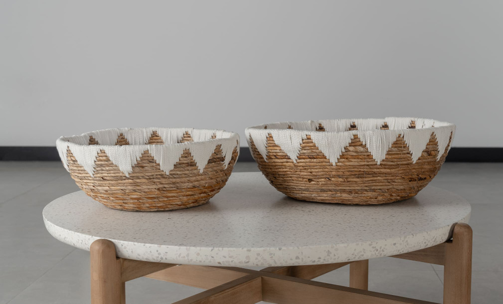 Set Of 2 Baskets Waterhyacinth With Macrame