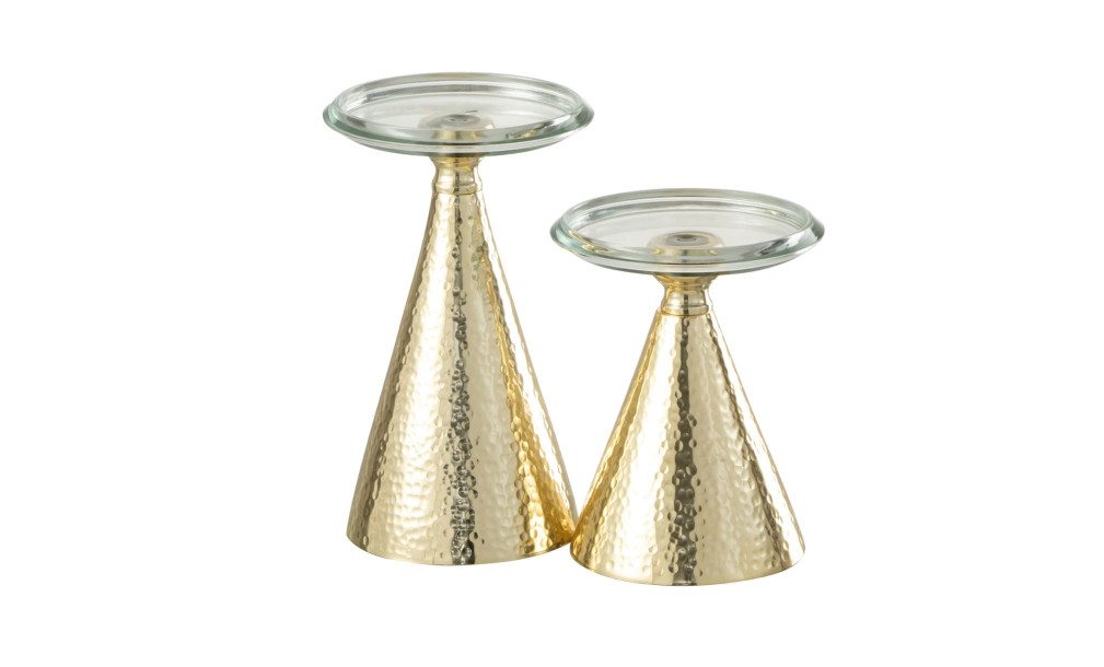 Set of 2 Candleholder Pillar Aluminium/Glass Gold/Transparent