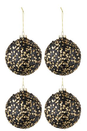 Box Of 4 Christmas Baubles Sequins Black/Gold M (11x11x13cm)